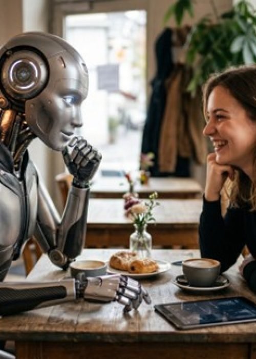 Une jeune femme surprise regardant son smartphone d'où jaillissent des cœurs numériques rouges, illustrant un chatbot IA qui drague son utilisatrice.