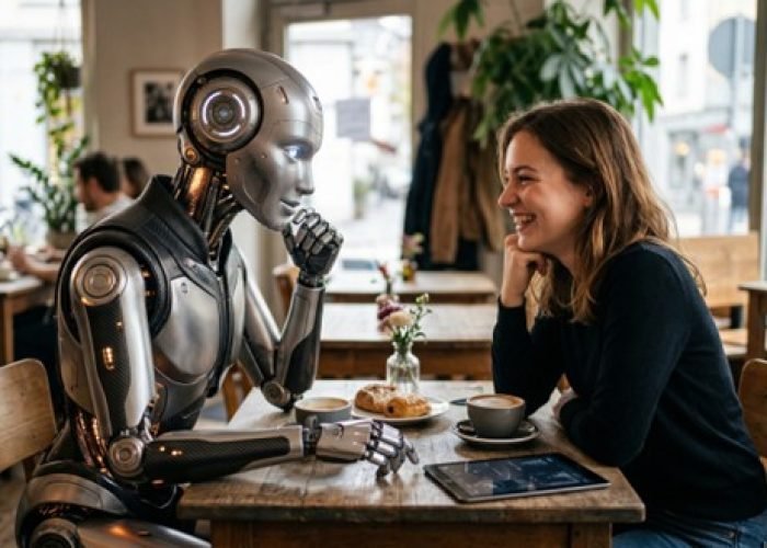 Une jeune femme surprise regardant son smartphone d'où jaillissent des cœurs numériques rouges, illustrant un chatbot IA qui drague son utilisatrice.