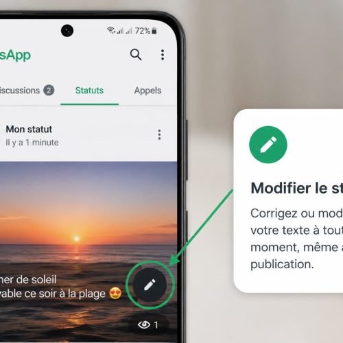 Smartphone affichant l’option de modification d’un statut WhatsApp