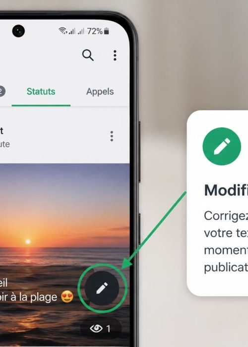 Smartphone affichant l’option de modification d’un statut WhatsApp