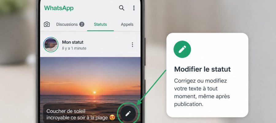 Smartphone affichant l’option de modification d’un statut WhatsApp