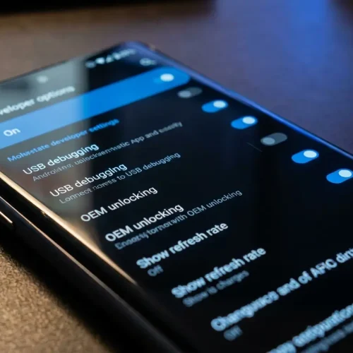 Écran d'un smartphone Android affichant le menu des options développeurs avec ses réglages avancés activés