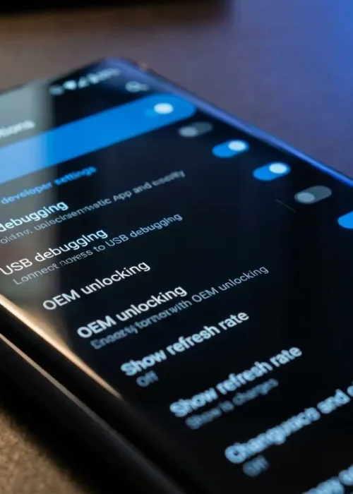 Écran d'un smartphone Android affichant le menu des options développeurs avec ses réglages avancés activés