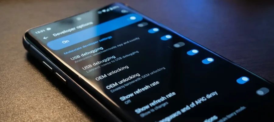 Écran d'un smartphone Android affichant le menu des options développeurs avec ses réglages avancés activés