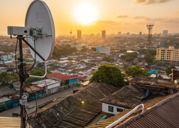 Antenne Starlink standard installée sur un toit résidentiel en Afrique de l'Ouest pour capter internet haut débit par satellite au Sénégal et au Bénin
