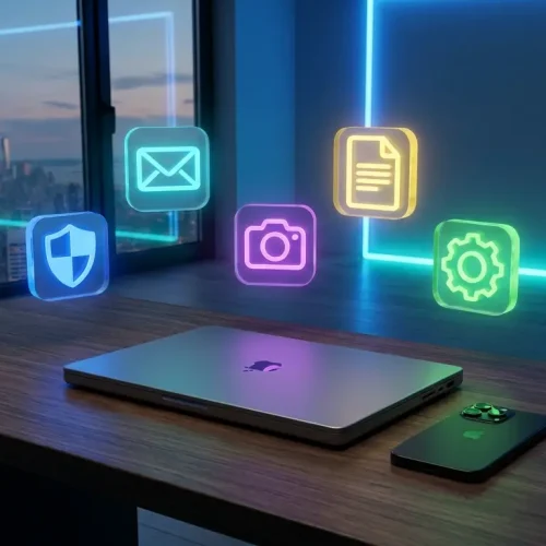 Ordinateur et smartphone entourés d'icônes d'applications en 3D, représentant une sélection d'outils numériques gratuits et légaux.