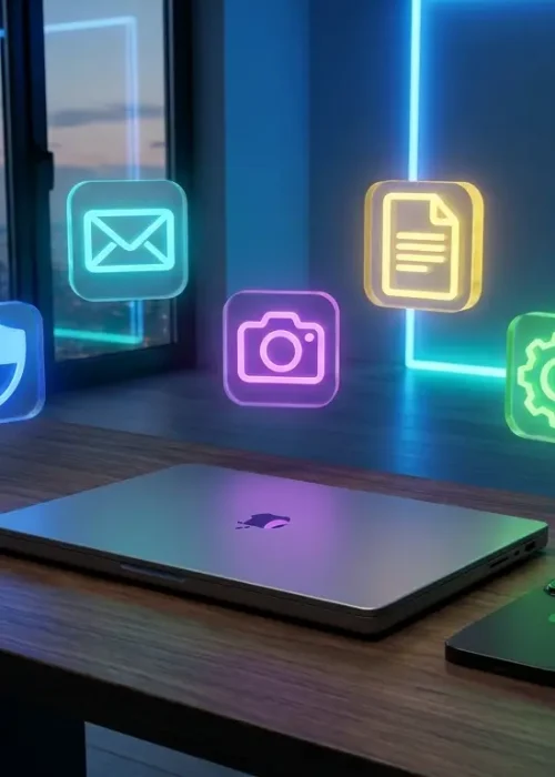 Ordinateur et smartphone entourés d'icônes d'applications en 3D, représentant une sélection d'outils numériques gratuits et légaux.