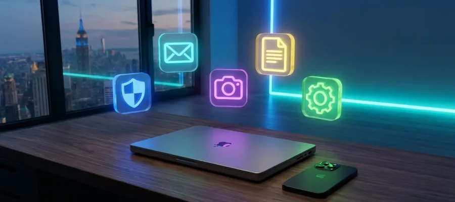 Ordinateur et smartphone entourés d'icônes d'applications en 3D, représentant une sélection d'outils numériques gratuits et légaux.