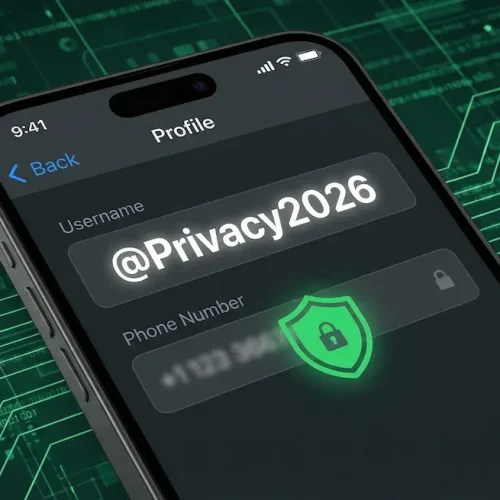 Illustration 3D d'un smartphone affichant un profil WhatsApp sécurisé où le pseudonyme remplace le numéro de téléphone masqué par un bouclier vert.