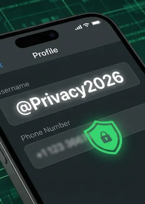 Illustration 3D d'un smartphone affichant un profil WhatsApp sécurisé où le pseudonyme remplace le numéro de téléphone masqué par un bouclier vert.
