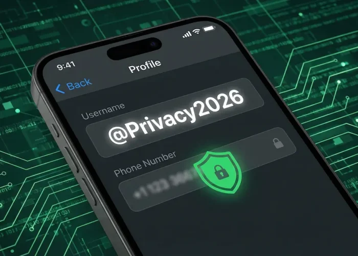 Illustration 3D d'un smartphone affichant un profil WhatsApp sécurisé où le pseudonyme remplace le numéro de téléphone masqué par un bouclier vert.