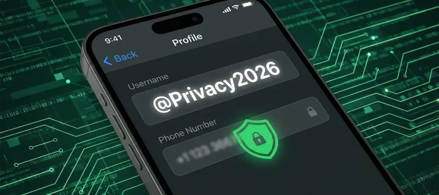 Illustration 3D d'un smartphone affichant un profil WhatsApp sécurisé où le pseudonyme remplace le numéro de téléphone masqué par un bouclier vert.