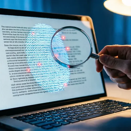 Gros plan sur un écran affichant un texte où une empreinte numérique lumineuse révèle un filigrane invisible, observé à la loupe