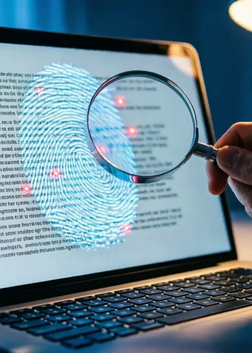 Gros plan sur un écran affichant un texte où une empreinte numérique lumineuse révèle un filigrane invisible, observé à la loupe