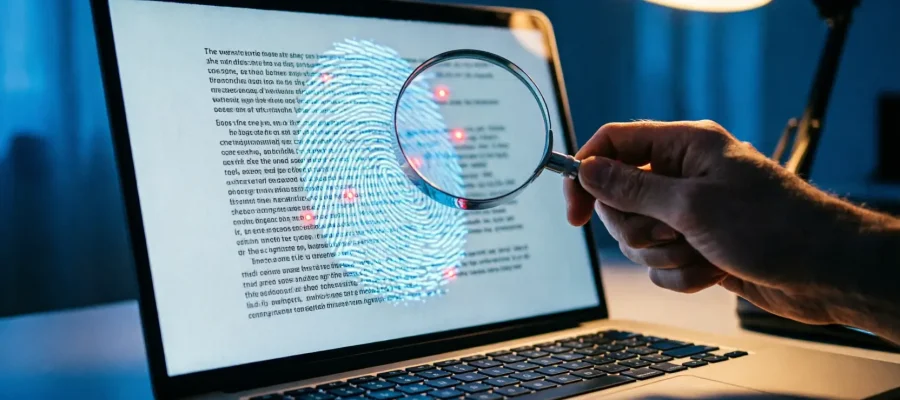 Gros plan sur un écran affichant un texte où une empreinte numérique lumineuse révèle un filigrane invisible, observé à la loupe