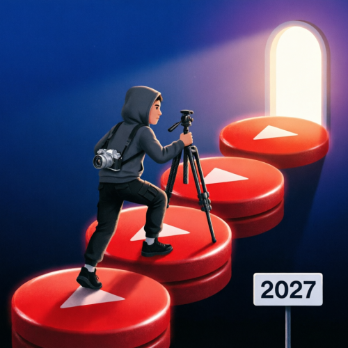 Illustration : un créateur gravissant des marches de boutons de lecture YouTube vers la monétisation en 2027