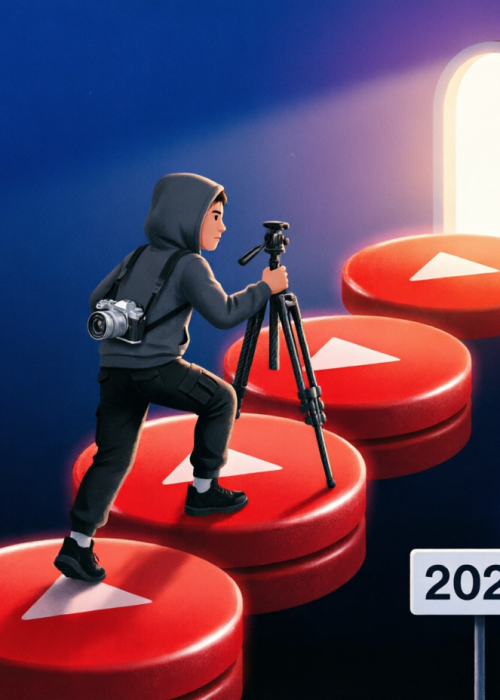 Illustration : un créateur gravissant des marches de boutons de lecture YouTube vers la monétisation en 2027