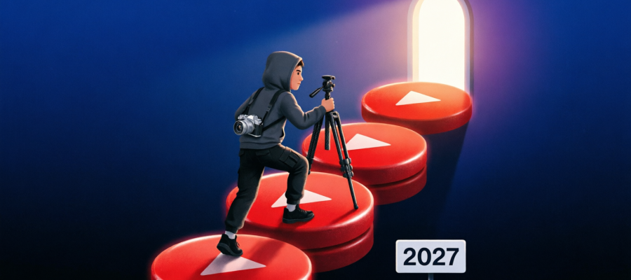 Illustration : un créateur gravissant des marches de boutons de lecture YouTube vers la monétisation en 2027